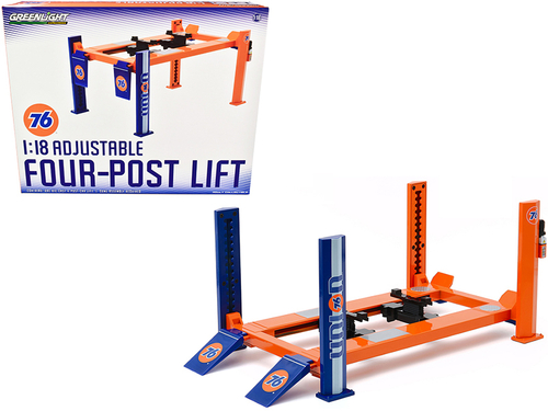Adjustable Four Post Lift Orange and Blue \Union 76\" for 1/18 Scale