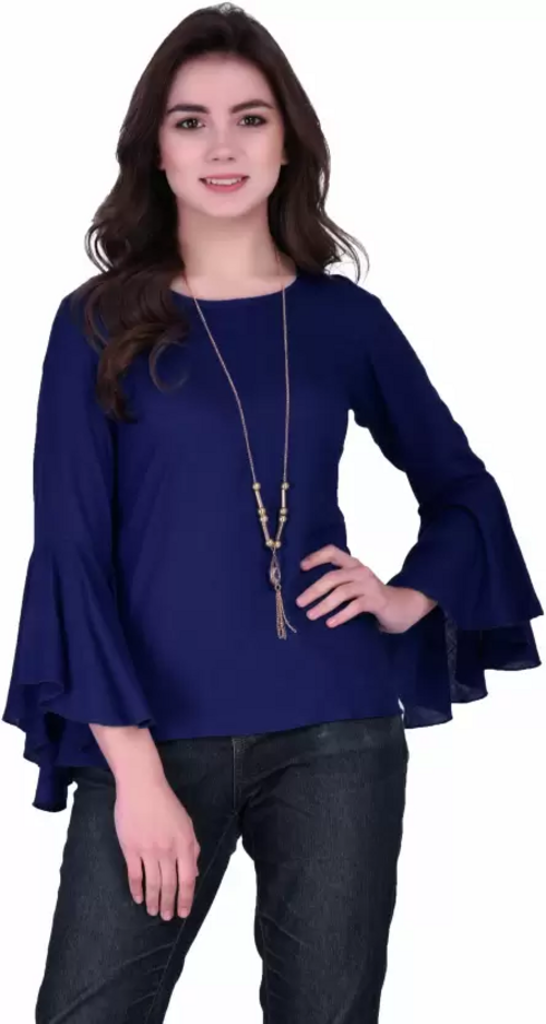 Bell Sleeves Solid Women Top (Size-M) BLUE)