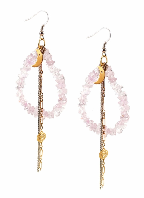 Rose quarz drop earrings with moon charm. Perfect for parties, summer