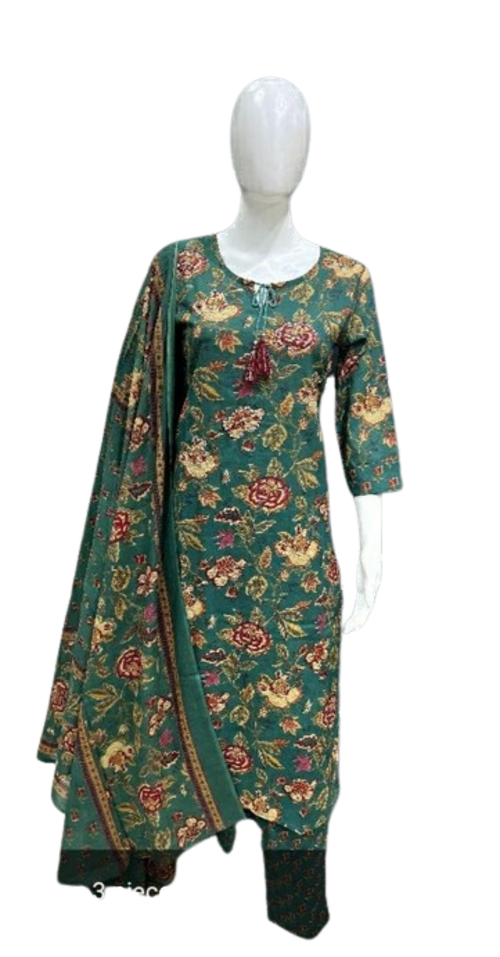 Women Floral Print Straight Kurta With Pants & Dupatta Size L Color
