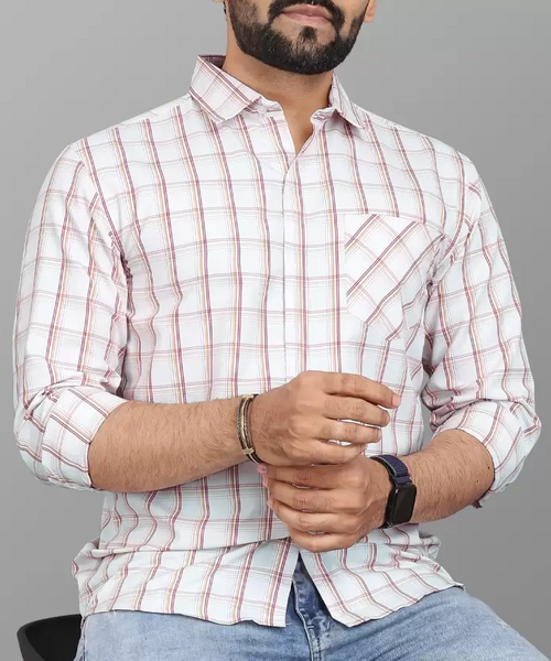 Men Regular Fit Checkered Spread Collar Casual Shirt White (Size S)