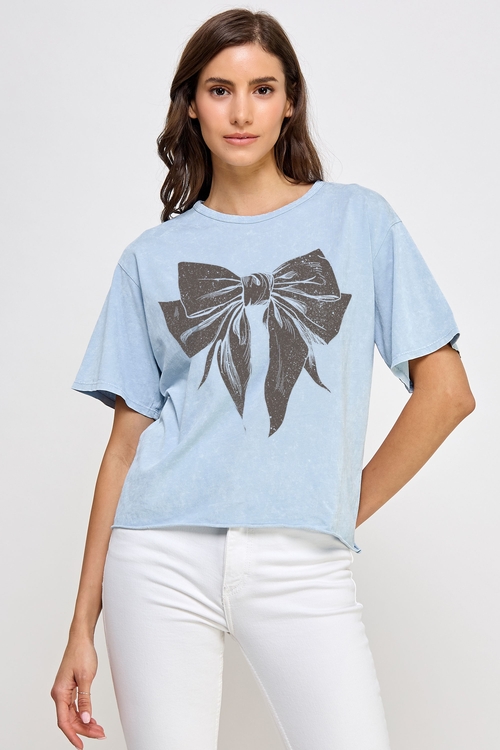 Bow Graphic Mineral Washed Long Crop Tee - 100% Cotton