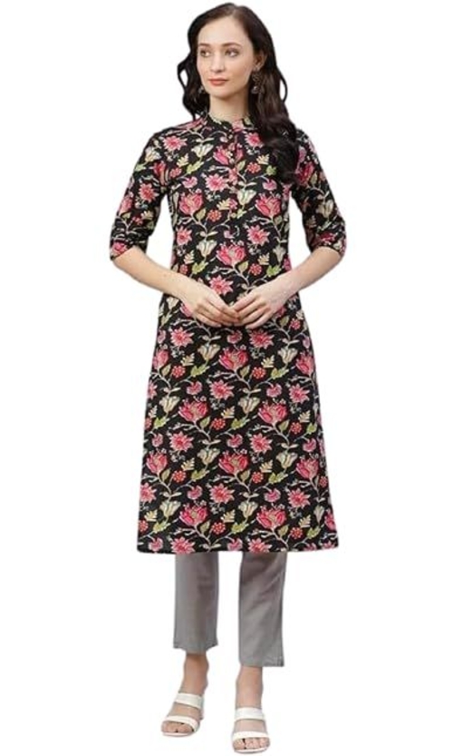 Women's Cotton Floral Printed Kurta Kurti Collared Neck Kurta Straight