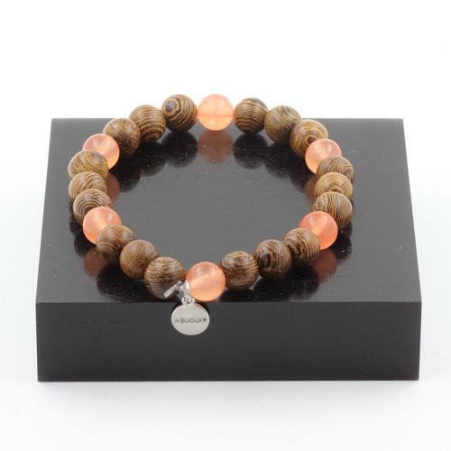 Orange Chalcedony + Wood Bracelet 8 mm Beads.