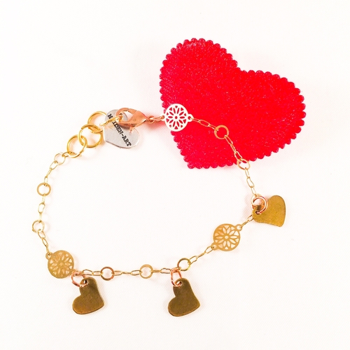 Triple Bronze Heart Charms Bracelet with 18kt Gold Plated Flower