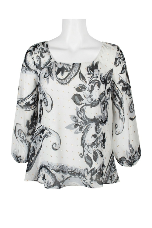 Alex Evenings Square Neck Long Sleeve Embellished Floral Print Voile