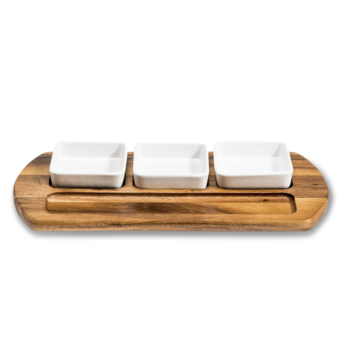 Charcuterie/ Serving Tray w/ 3 square ceramic bowls 