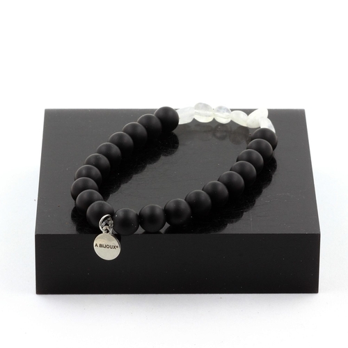 Moonstone from India + Matte Black Onyx Bracelet 8 mm Beads.