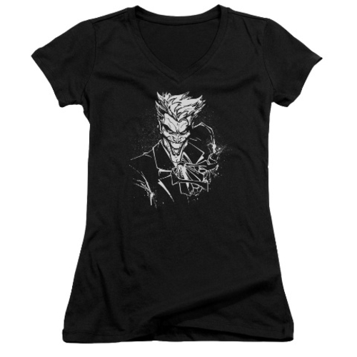 Trevco Batman-Jokers Splatter Smile - Junior V-Neck Tee - Black, S