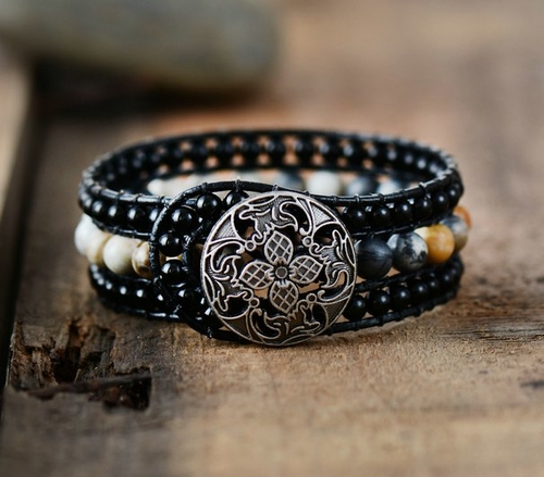 Boho Cuff Bracelet Unique Onyx Leather Wrap