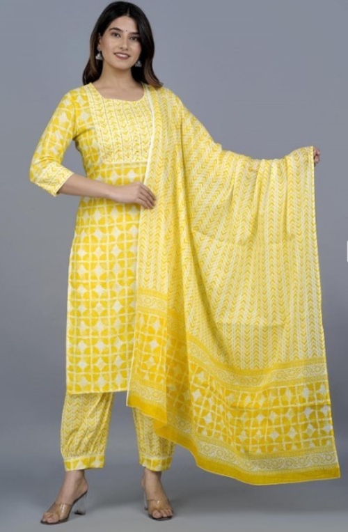 Ethnic Motifs Sequinned Printed Pure Cotton Kurta With Salwar &