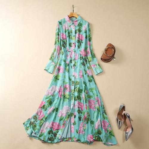 Polo collar long sleeved green printed single breasted long dress