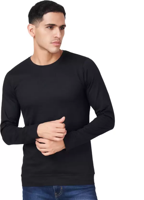 Men Solid Full Sleeves Round Neck Cotton Black T-Shirt (Size L)