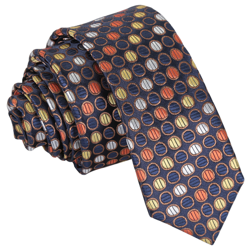 Chequered Polka Dot Skinny Tie - Gold, Silver & Orange