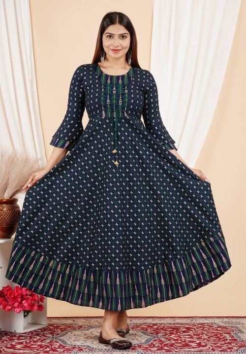 Cotton Rayon Stitched Flared/A-line Gown SIZE-L COLOR-BLUE