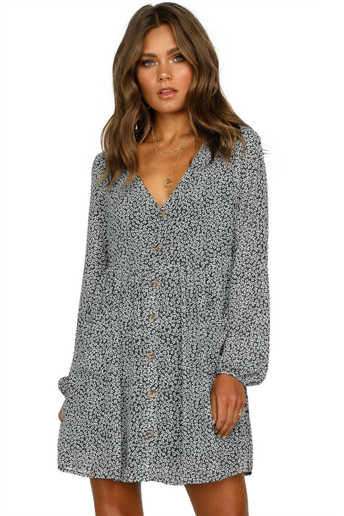 Black Printed V Neck Buttoned Long Sleeve Shirt Dress