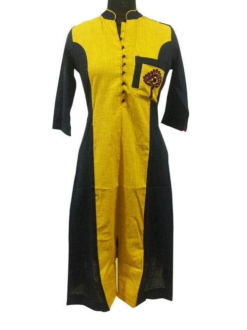 Long Straight Embroidery Kurti With Cotton Slub