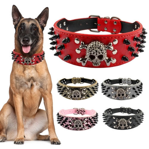 2" Wide Spiked Studded Leather Dog Collar Bullet