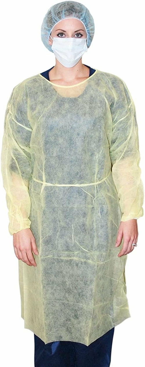 Isolation Gowns Yellow, 45" long. Pack of 10 Disposable Gowns X-Large.