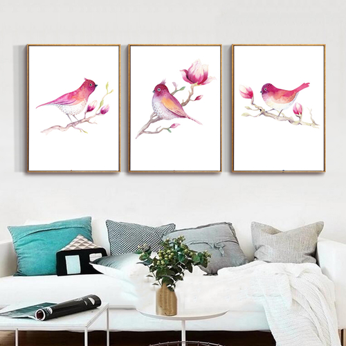 Nordic Pink Red Bird Branch Poster
