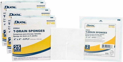 Dukal Basic T-Drain Sponges 4" x 4". Case of 600 Pre-Cut Dressings for