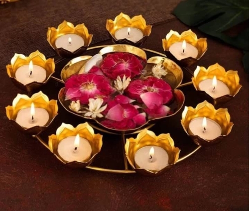 Premium Gold Polish Leaf and Flower Pattern with Diya Set of 3