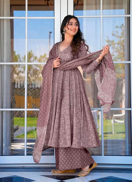 Flared Digital Printed Anarkali Palazzo Suit (Size-S) (Color-PURPLE)