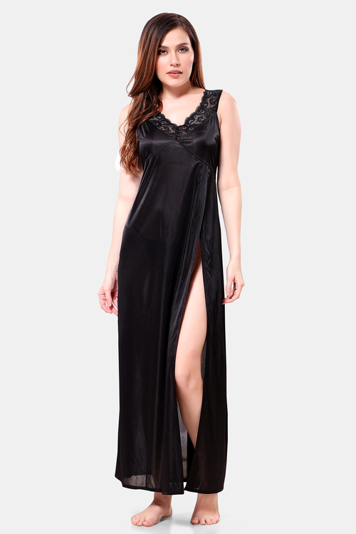 Romaisa Women's Satin Solid Black Maxi Length Nightgown