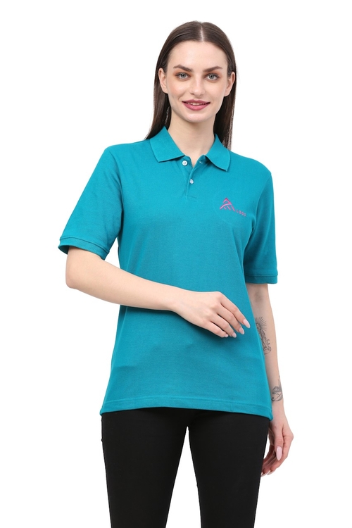 Women Solid Polo Collar T-shirt (ColorTeal) (Size M)
