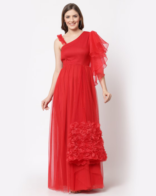Solid Fit and Flare Asymmetric Sleeves Dress (Size-XS) (Color-RED)