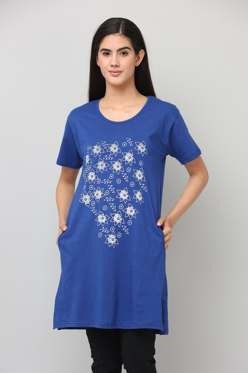 Women'S Round Neck Cotton Printed Long Tshirt (Size-Xl) (Color-Blue)
