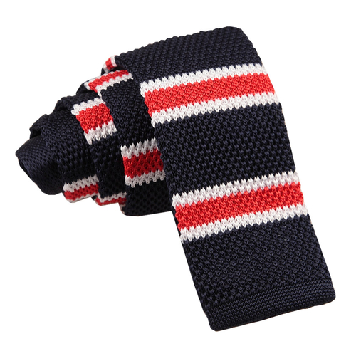Knitted Stripe with 2 Borders Skinny Tie - Knitted Navy, White with