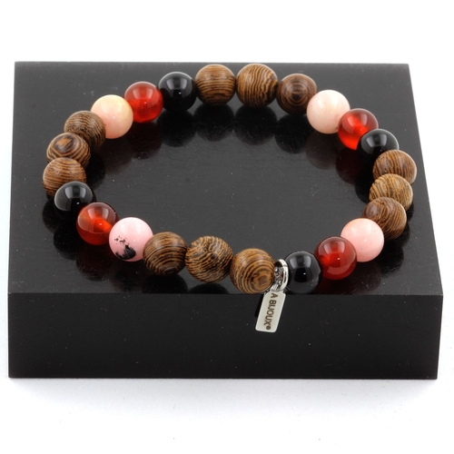 Pink Opal + Black Agate + Red Agate + wood Bracelet 8 mm Beads.