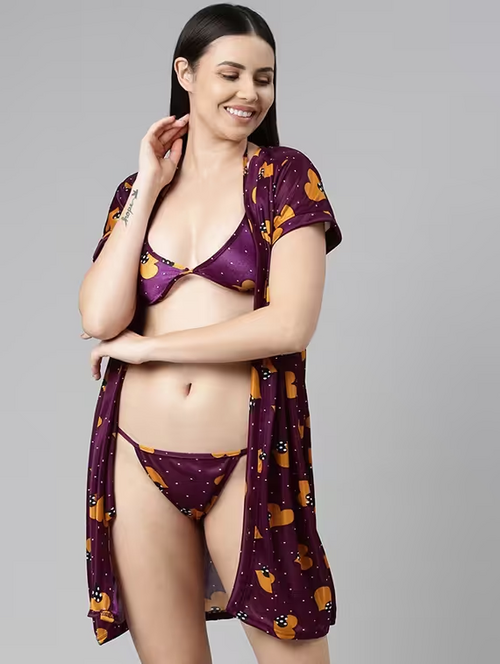 women printed satin babydoll set