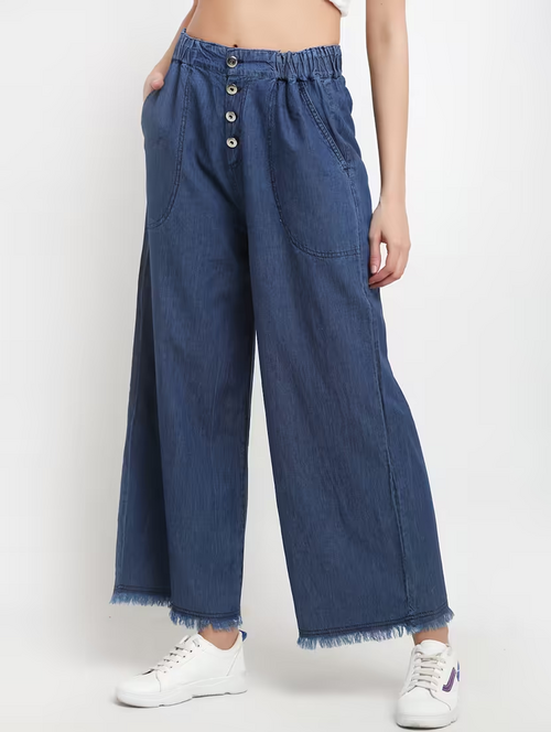 Womens Crepe Self Design Palazzo Pants    (SIZE-XL) (COLOR-BLUE)