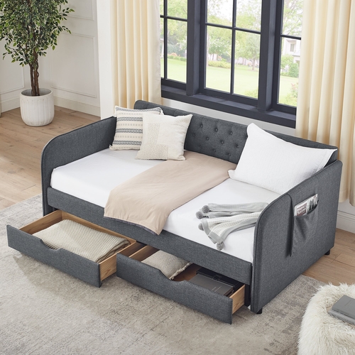 Twin Size Upholstery Daybed with Trundle Bed and Two Storage Drawers ,