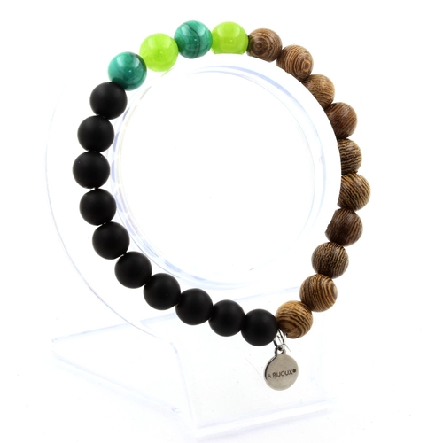 Malachite + Peridot + Matte Black Onyx + Wood Bracelet 8 mm Beads.