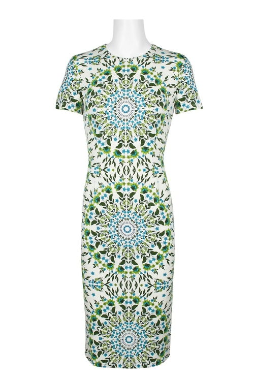 London Times Crew Neck Short Sleeve Bodycon Zipper Back Multi Print