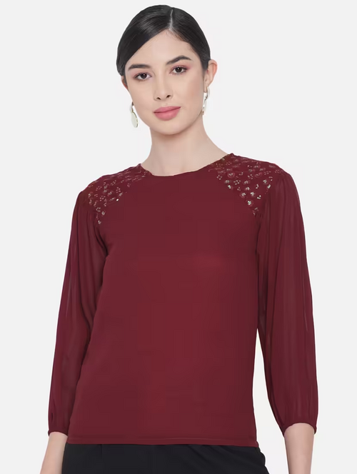 Women'S Straight Round Neck Top (Size-S) (Color-Maroon)