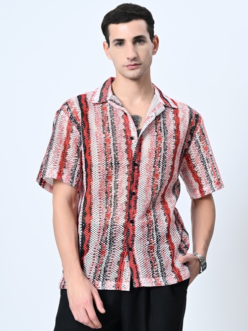 Crochet Half Sleeves Relaxed Fit Shirt-RED (Size-L) (Color-RED)