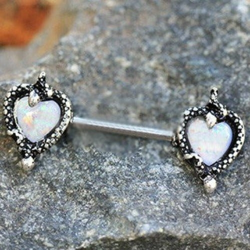 316L Stainless Steel Synthetic Opal Heart with Snake Nipple Bar