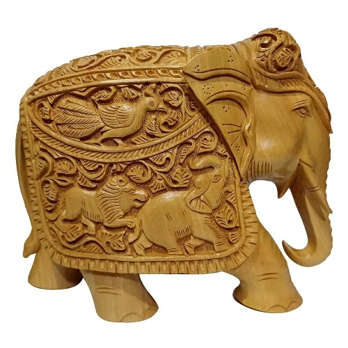 Wooden elephant animal and birds carving Statue