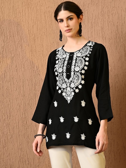 Women Round Neck Embroidered Solid Rayon Tunic (Color Black) (Size M)
