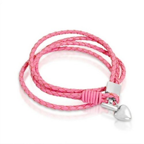 Ladies Pink Leather Heart Toggle Wrap Around Bracelet