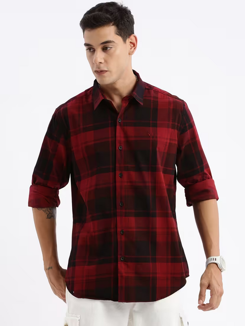 Men Long Sleeved Checkered Casual Shirt (Size-L) (Color-Red)