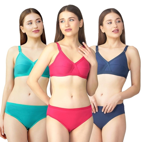 Women's Cotton Lingerie Non Padded Wire Free Bra Panty Set Pack of