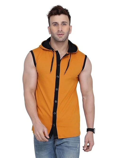 Men's Button Design Hooded Neck Tshirt (Size-S) (Color-MUSTARD )