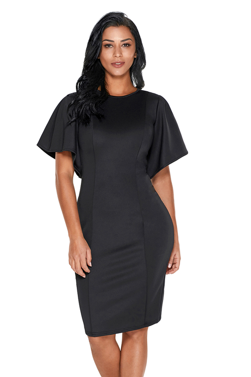 Black Flutter Sleeve Back Slit Sheath Dress