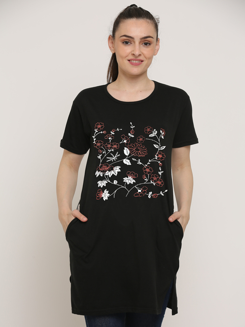 Women'S Round Neck Cotton Printed Long Tshirt (Size-L) (Color-Black)