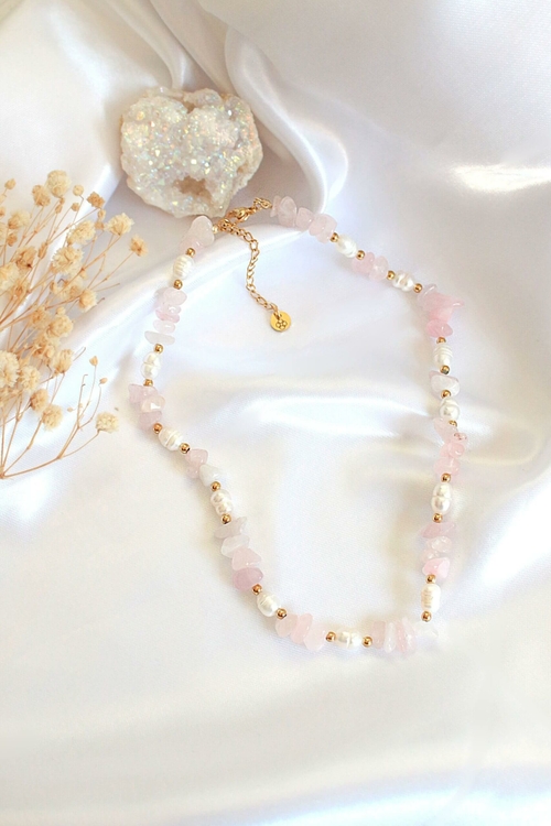 Natural Rose Quartz Crystal & Freshwater Pearls Choker